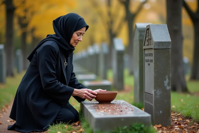Femme âgée en hijab déposant un bol d'eau sur une tombe dans un cimetière musulman lors d'une visite commémorative