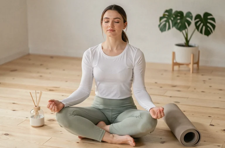 Femme pratiquant la méditation en position assise sur un parquet en bois dans un espace bien-être minimaliste