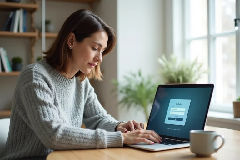 Femme accédant à sa messagerie Dbmail Darty sur un ordinateur portable depuis son bureau à domicile