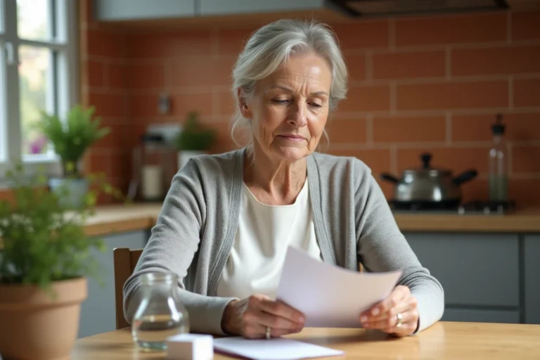 Femme d'âge mûr lisant la notice d'un médicament à sa table de cuisine avec un verre d'eau