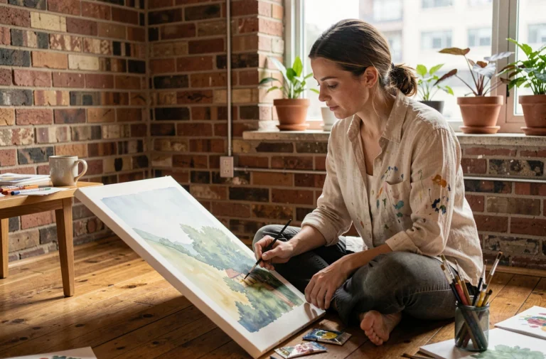 Femme peignant à l'aquarelle dans un appartement cosy, activité créative de loisir au quotidien