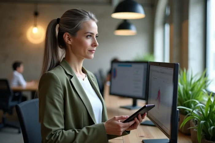 Femme professionnelle gérant son blog et sa stratégie de monétisation dans un espace de coworking moderne