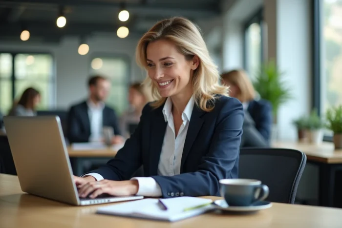 Femme professionnelle réservant un rendez-vous en ligne sur son ordinateur portable dans un bureau moderne
