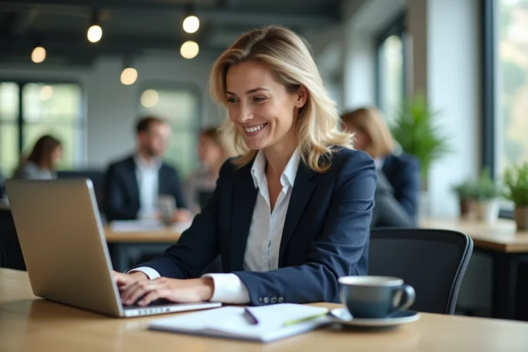 Femme professionnelle réservant un rendez-vous en ligne sur son ordinateur portable dans un bureau moderne