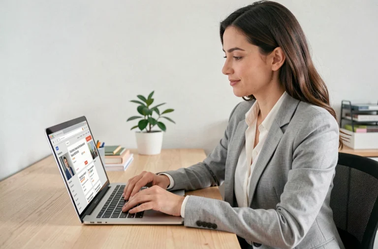 Femme consultant des offres d'emploi en ligne sur son ordinateur portable dans un bureau à domicile