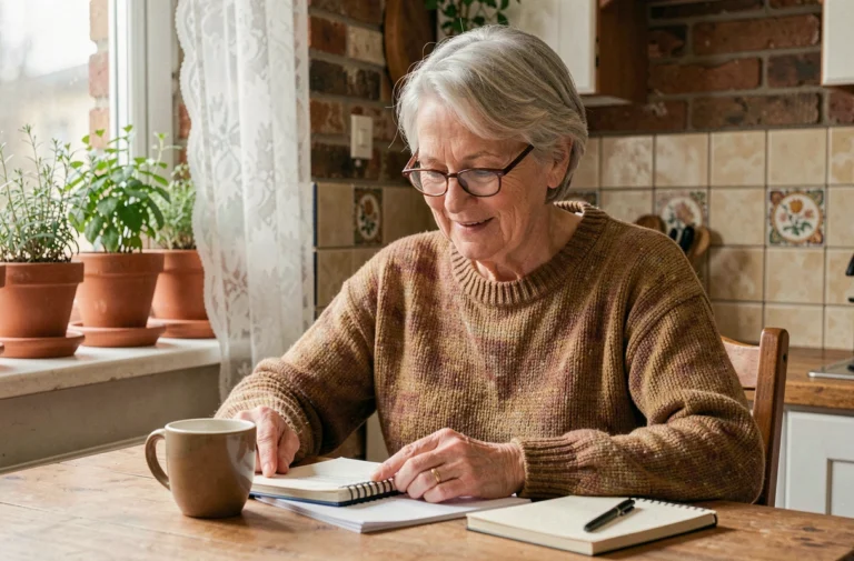Femme retraitée belge préparant ses finances à la maison, conseils pratiques pour bien vivre sa retraite en Belgique