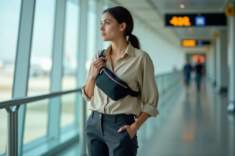 Femme en tenue décontractée portant un sac banane noir en nylon sur la poitrine dans un terminal d'aéroport moderne