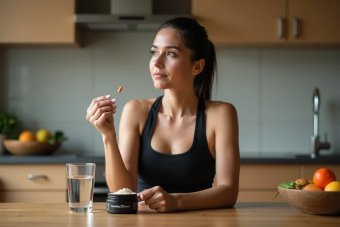 Femme sportive à la cuisine tenant des probiotiques et de la créatine avant l'entraînement