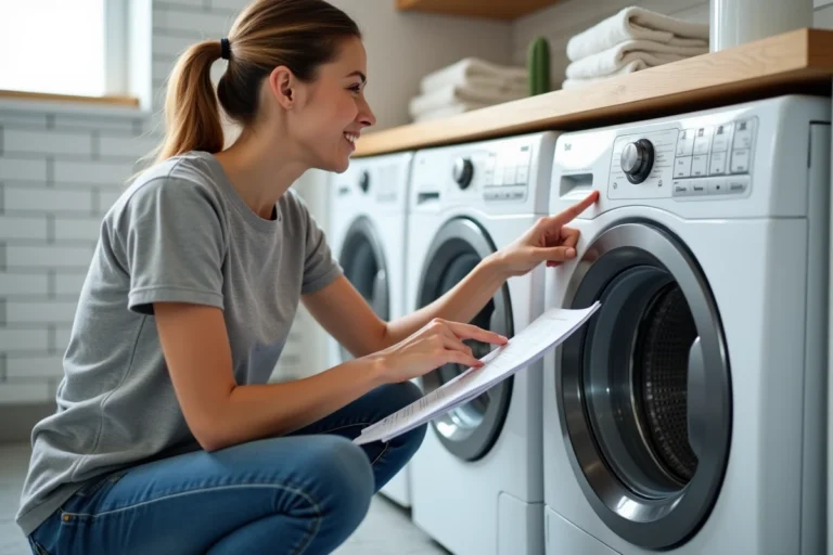 Femme décryptant les symboles du panneau de commande d'un lave-linge Valberg dans une buanderie moderne
