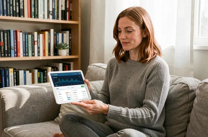 Jeune femme consultant un tableau de bord d'hébergement web sur une tablette depuis son domicile