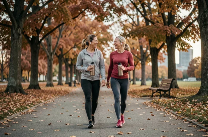 Deux femmes marchant ensemble dans un parc en automne pour prendre soin de leur santé et bien-être au quotidien