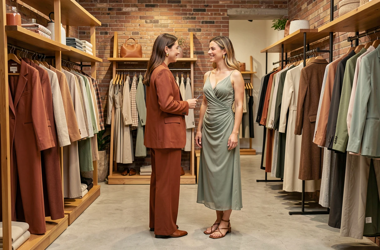 Deux femmes tendance choisissant des vêtements dans un concept store élégant aux murs en brique, tenues mode automne-hiver