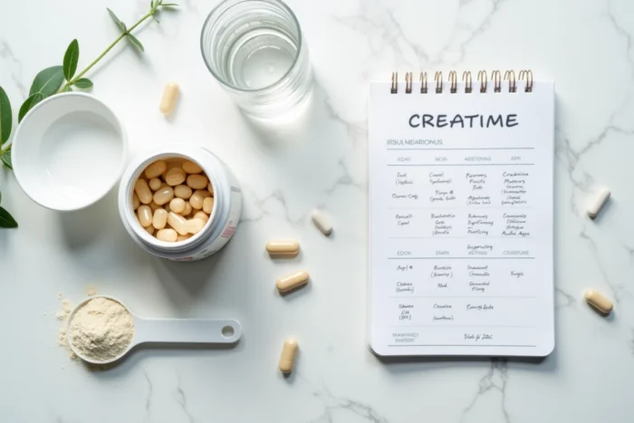 Vue de dessus d'un plan de travail en marbre avec des compléments probiotiques et créatine pour la performance sportive