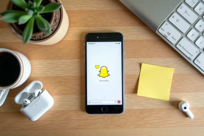Vue de dessus d'un smartphone affichant le cœur jaune Snapchat posé sur un bureau en bois avec des accessoires du quotidien