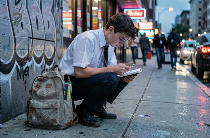 Un adolescent contraint de faire ses devoirs sur le trottoir devant un fast-food pour accéder à Internet, symbole des inégalités numériques