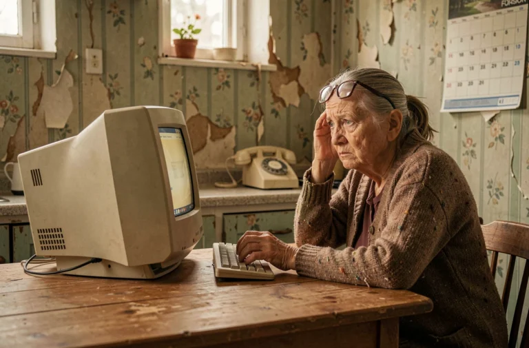 Une femme âgée seule face à un vieil ordinateur dans une maison rurale modeste, illustrant la fracture numérique chez les seniors