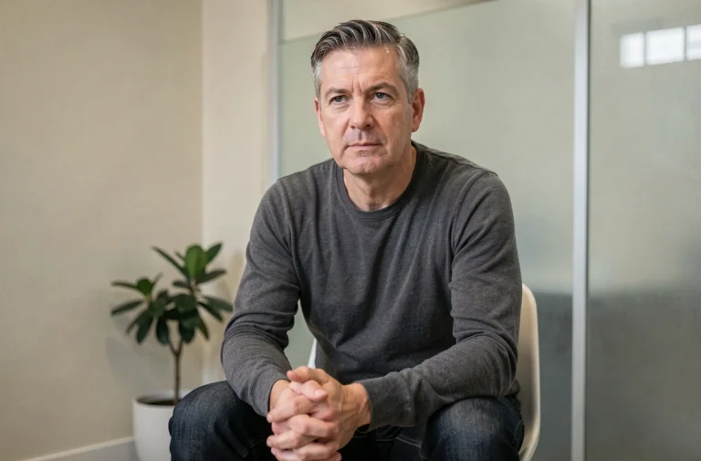 Homme d'une cinquantaine d'années assis dans une salle de consultation médicale, regard introspectif, illustrant le vécu d'un patient atteint de maladie auto-immune