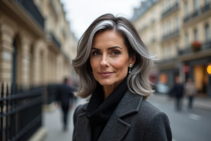 Femme élégante avec technique grey blending sur cheveux bruns foncés dans une rue parisienne en automne