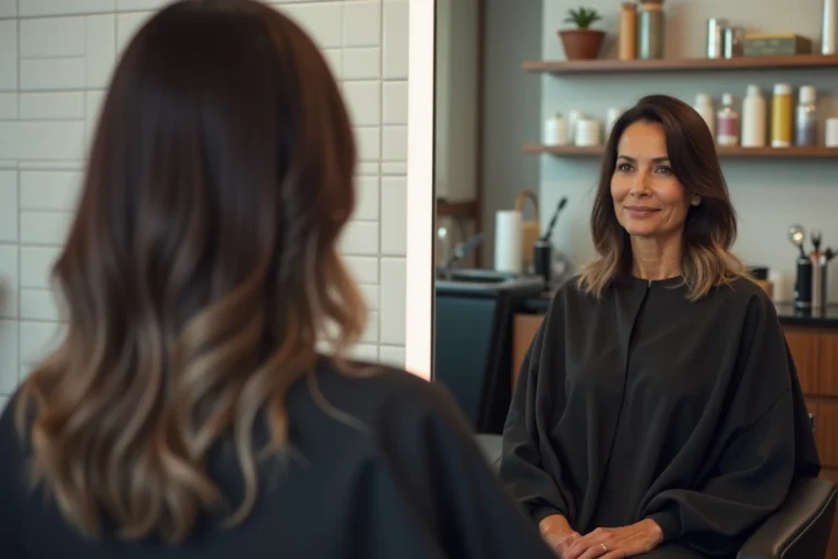 Femme brune aux cheveux gris blending naturel dans un salon de coiffure moderne, technique grey blending sur cheveux bruns
