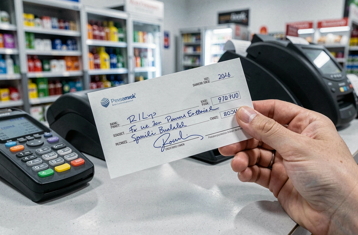 Gros plan d'un chèque différé remis à une caisse de grande surface avec terminal de paiement