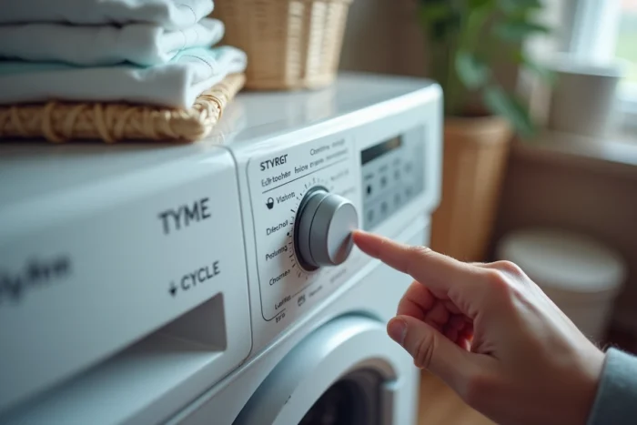 Gros plan sur les logos et symboles du panneau de commande d'un lave-linge avec une main pointant une icône