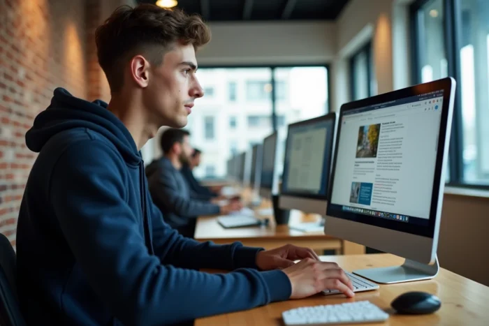 Jeune adulte recherchant l'historique d'annonces leboncoin sur un ordinateur en espace de coworking