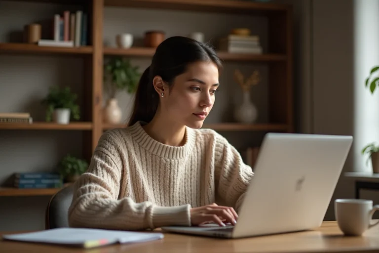 Femme consultant l'historique des annonces leboncoin sur un ordinateur portable à domicile