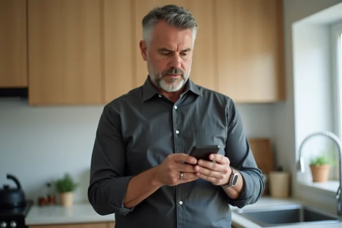 Homme consultant l'historique des annonces leboncoin sur smartphone dans une cuisine