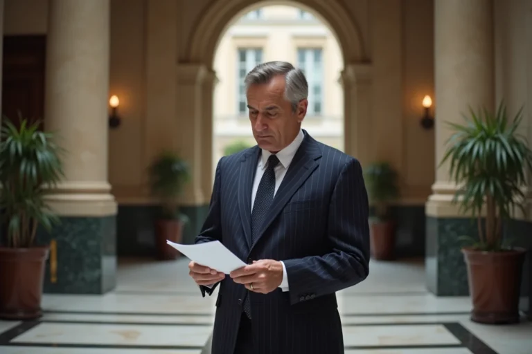 Homme d'affaires français discret en costume bleu marine dans le hall d'une institution financière parisienne, évoquant une fortune discrète et une réussite professionnelle