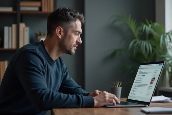 Homme analysant des avis sur les réseaux sociaux devant son ordinateur portable dans un bureau à domicile, questionnant leur fiabilité