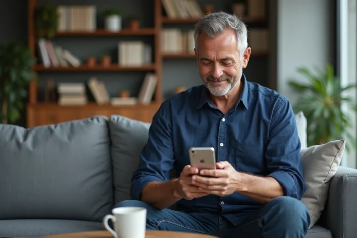 Homme consultatnt des avis en ligne sur son smartphone dans un salon moderne