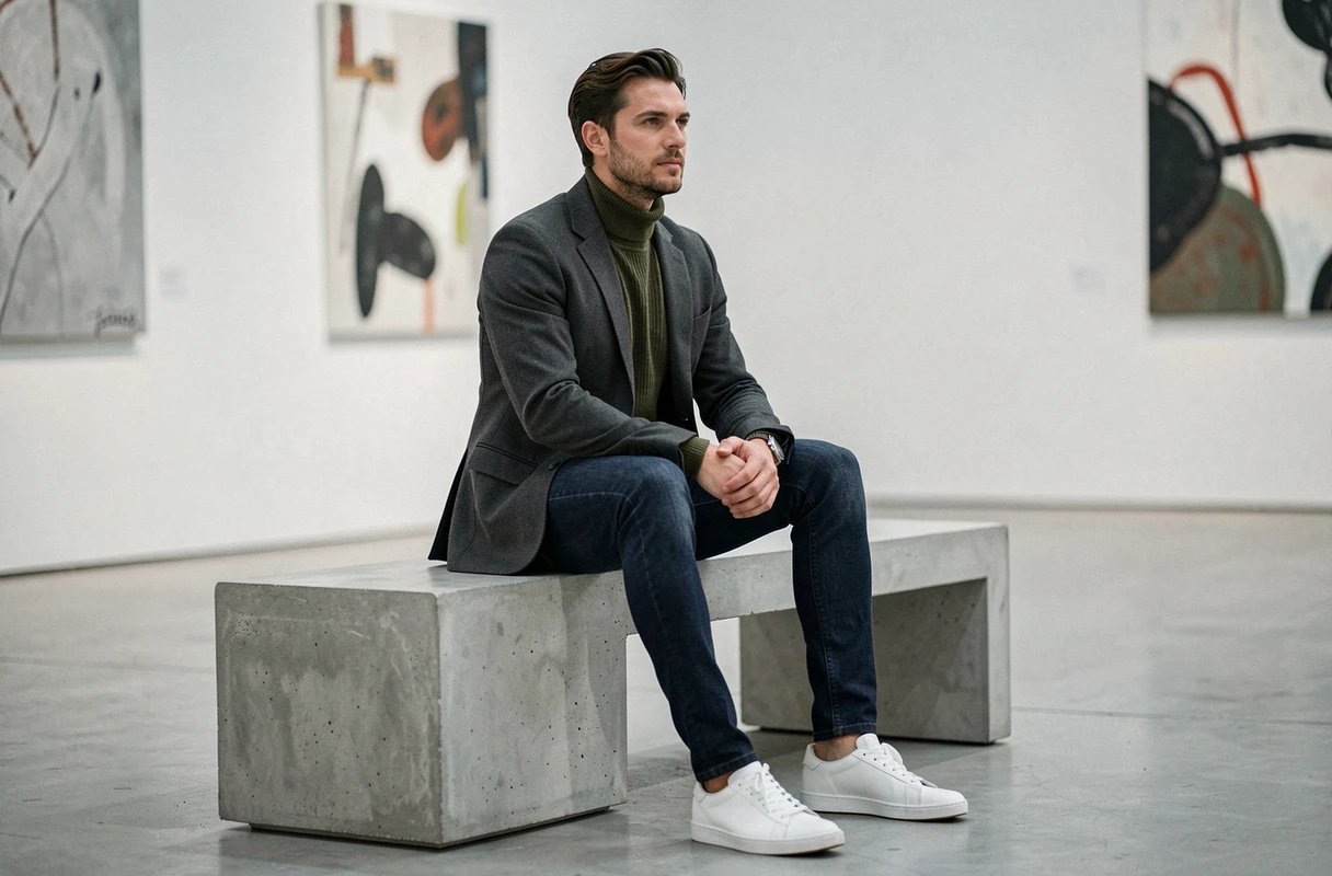 Homme bien habillé en blazer gris et pull col roulé olive assis dans une galerie d'art contemporaine, look masculin moderne et élégant