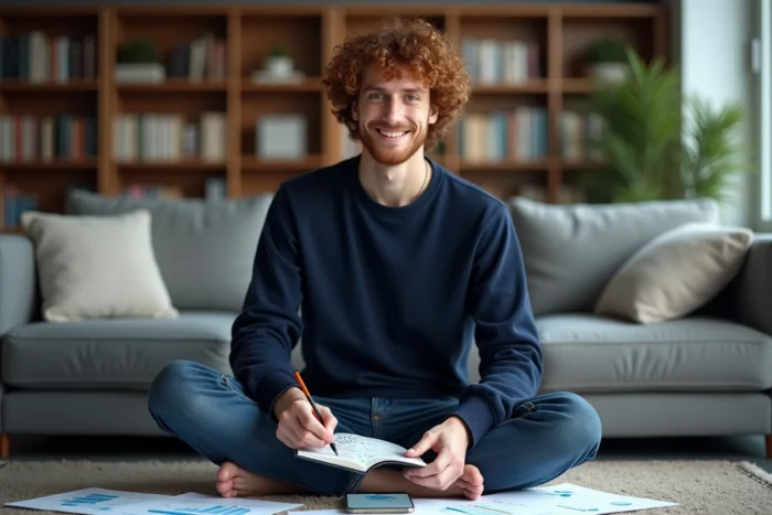 Jeune homme blogueur prenant des notes sur une stratégie de blog rentable dans un appartement cosy