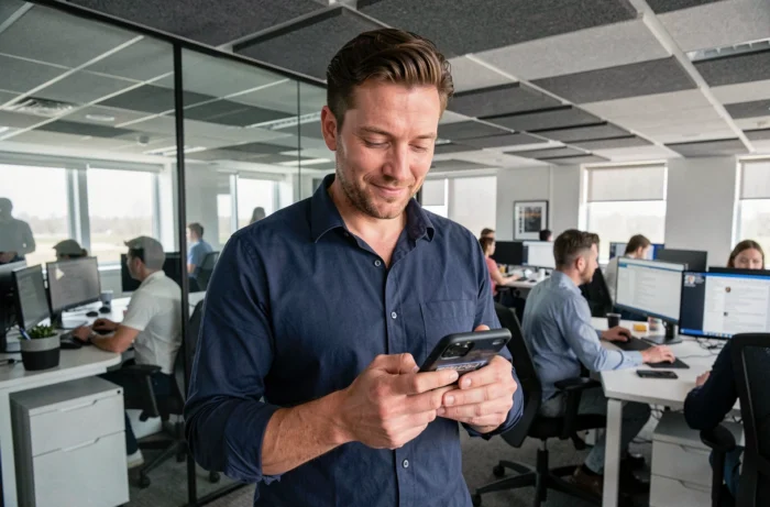 Homme au bureau consultant son smartphone pour comprendre un terme tendance sur les réseaux sociaux en 2026