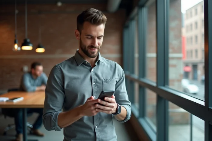 Homme en espace de coworking utilisant une application mobile de prise de rendez-vous professionnel