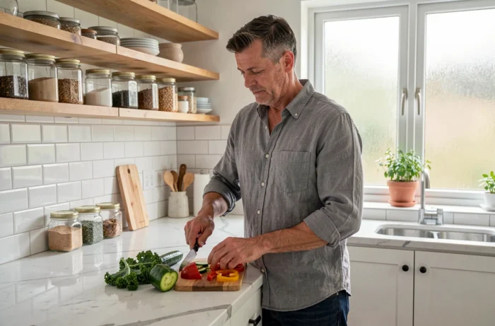 Homme préparant des légumes frais dans une cuisine moderne dans le cadre d'une alimentation saine et équilibrée
