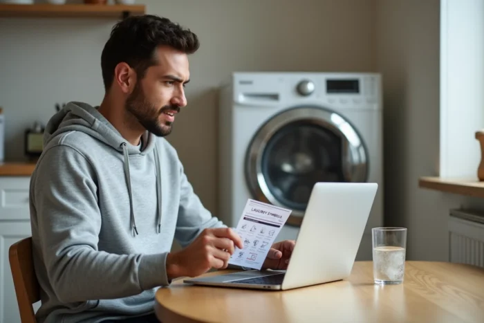 Homme consultant un guide des symboles de lavage sur ordinateur en comparant une étiquette d'entretien textile