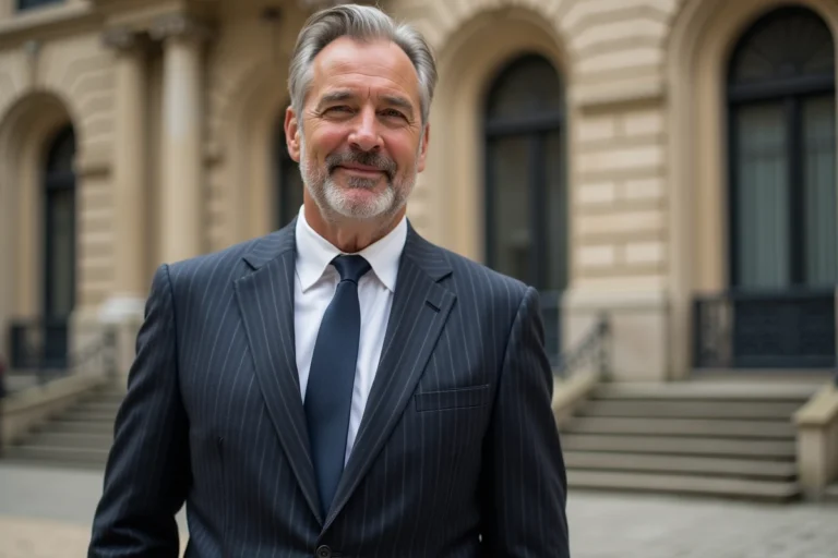 Portrait d'un homme politique français en costume sombre devant un bâtiment institutionnel en pierre, expression posée et confiante