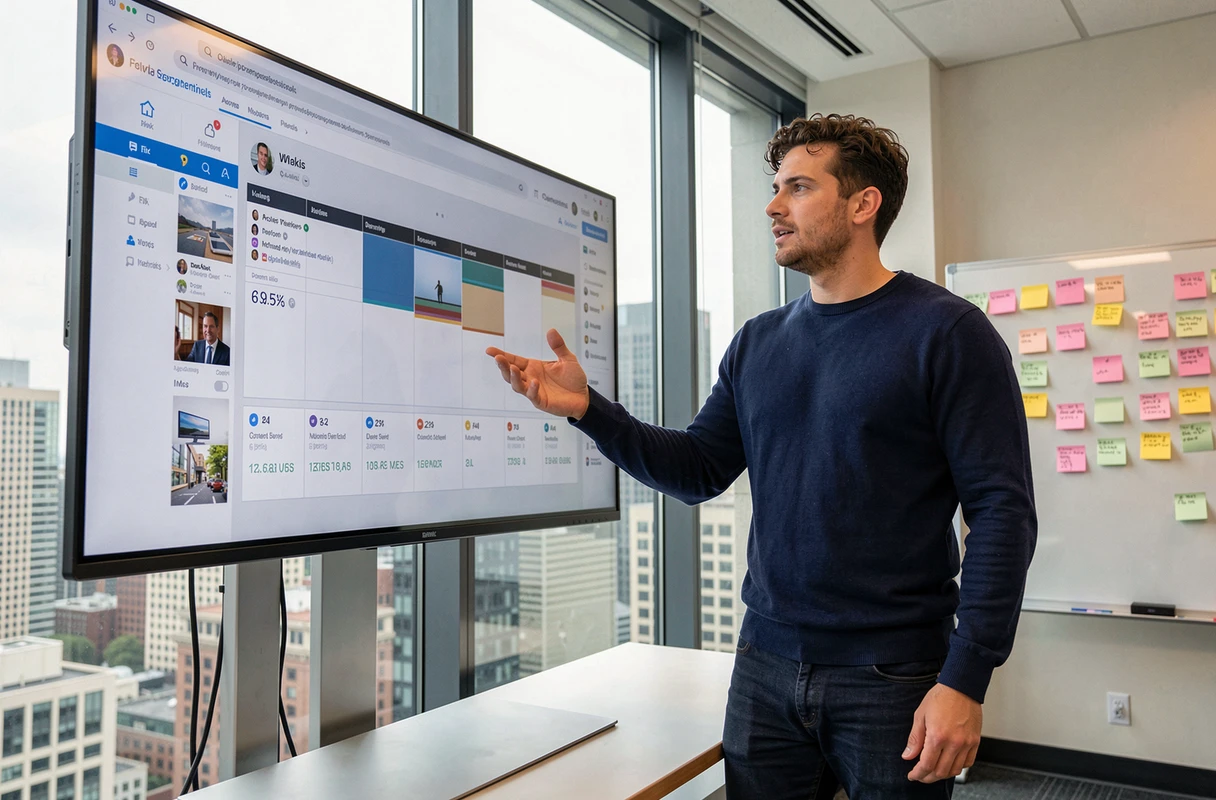 Uomo in agenzia digitale che presenta una strategia di marketing sui social media davanti a uno schermo interattivo