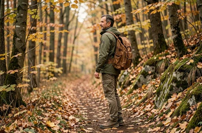 Homme en randonnée sur un sentier forestier en automne, activité de plein air pour s'évader au quotidien