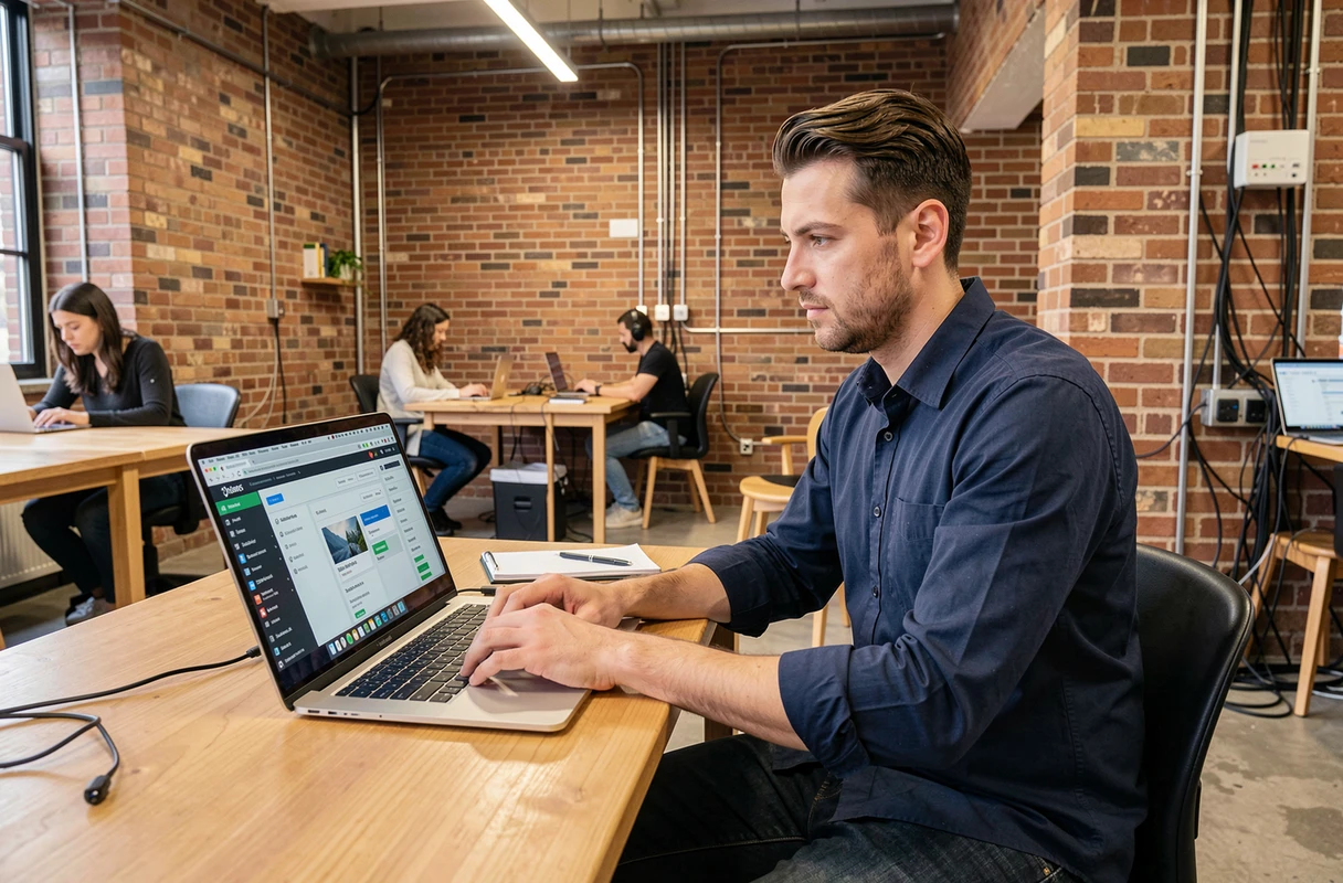 Homme recherchant un emploi sur une plateforme en ligne dans un espace de coworking moderne