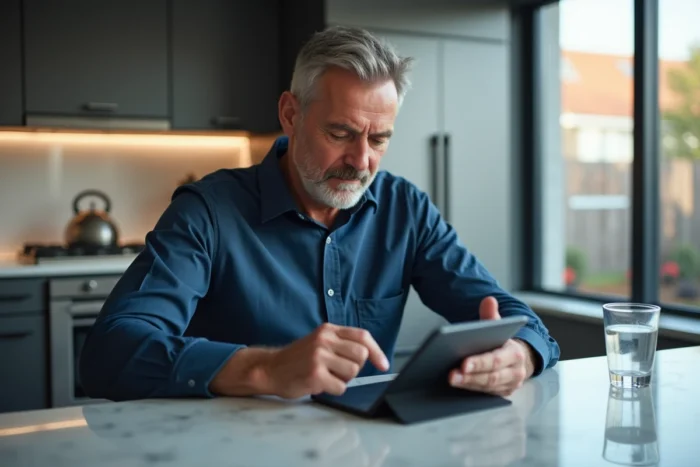 Homme consultant sa messagerie Dbmail Darty en toute sécurité sur une tablette dans une cuisine moderne