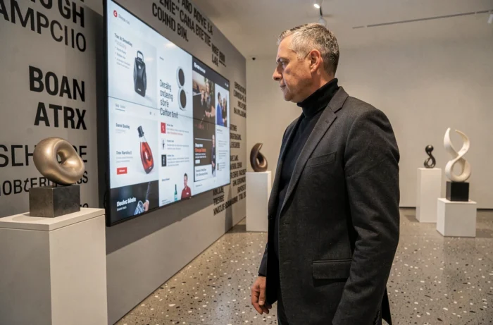 Homme parcourant un écran d'exposition interactif présentant les nouveautés et innovations de la marque Aleph Zarro