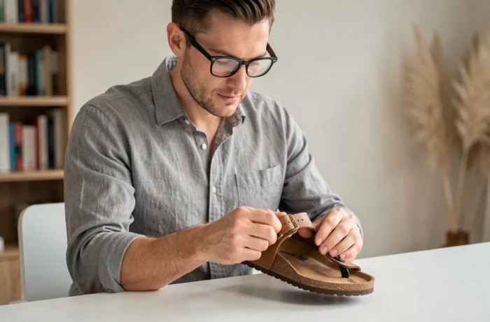 Homme examinant attentivement la boucle et la sangle d'une sandale Birkenstock pour détecter une éventuelle contrefaçon