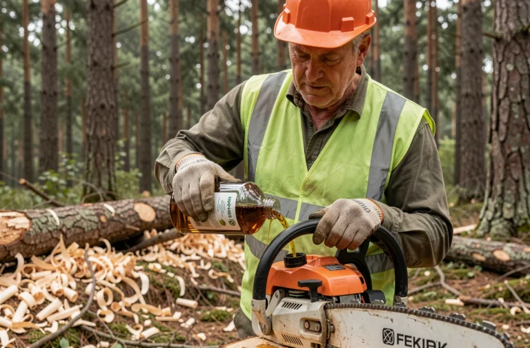 Forestier versant de l'huile de chaîne écologique dans une tronçonneuse en forêt de pins