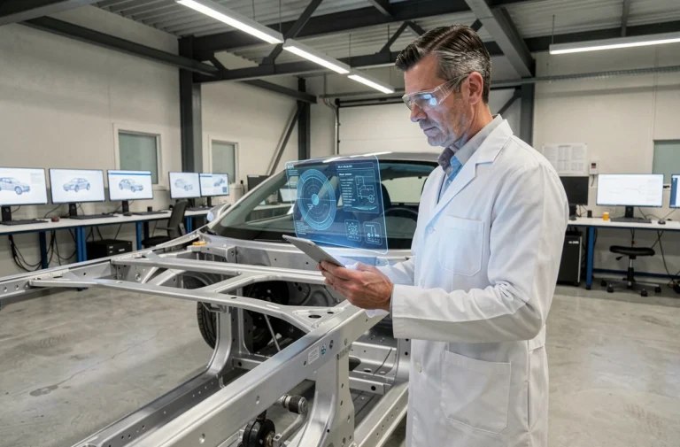 Ingénieur automobile examinant un châssis de véhicule électrique dans un laboratoire de recherche technologique en 2024