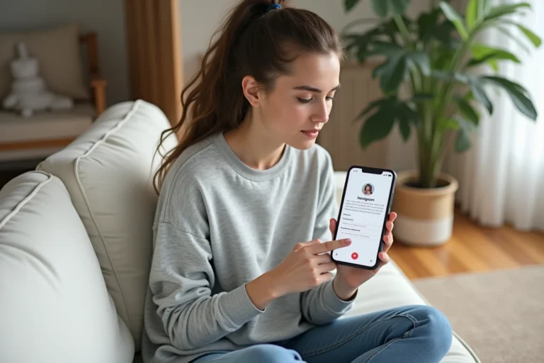 Jeune femme inscrivant son iPhone à la bêta Instagram dans un salon moderne et lumineux
