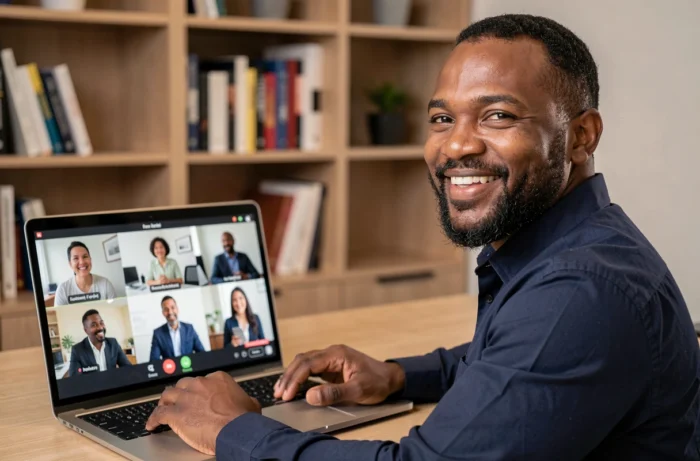 Homme en visioconférence avec ses collègues depuis son bureau à domicile pour maintenir des interactions sociales professionnelles régulières