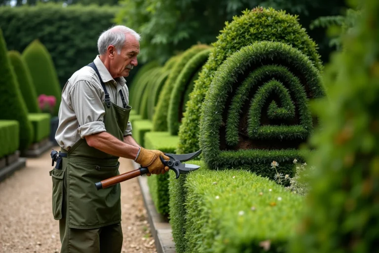 Jardinier professionnel sculptant une haie de buis en spirale dans un jardin à la française