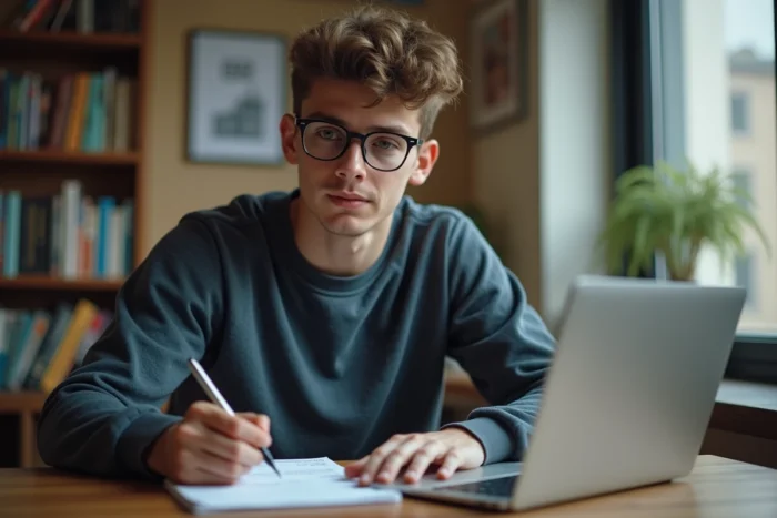 Jeune adulte étudiant consultant un site officiel sur son ordinateur portable pour vérifier l'âge limite et les conditions d'attribution des allocations familiales